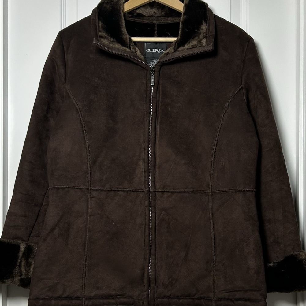 Outbrook‎ Vintage Y2K Brown Faux Suede Sherpa Lined Faux Fur Trim Jacket